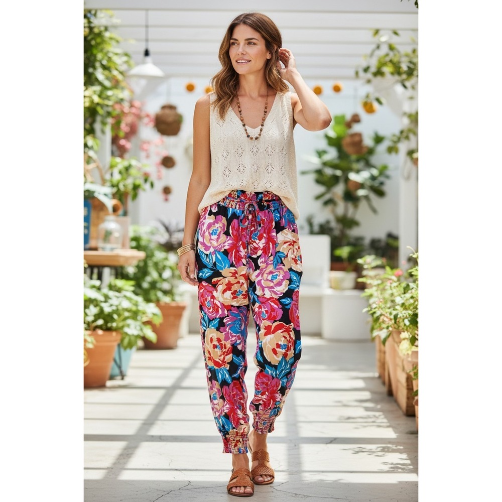Anthropologie Jogger Pants Womens Multicolor Floral Smocked Viscose Size S